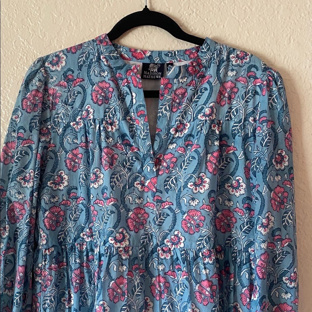 Madison Matthews 100% Cotton Floral Long-Sleeve Mini Dress Size M Vacation Beach - Picture 3 of 8